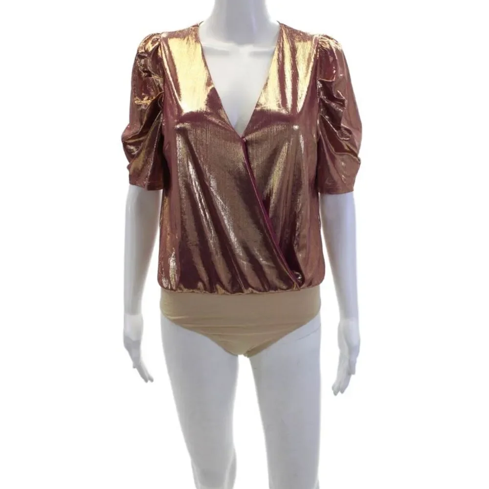 Wayf Womens Metallic V-Neck Snap Closure Short Sleeve Bodysuit Pink Size S